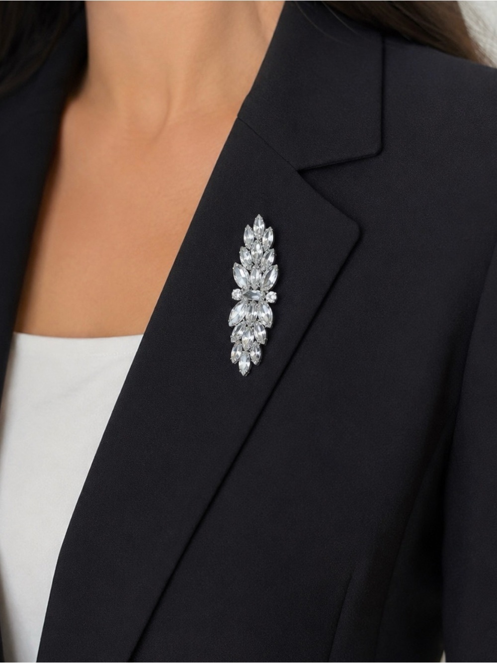 Crystal Leaf Cluster Brooch - Silver Tone